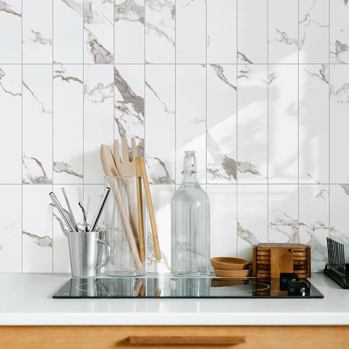 Vamos Tile Peel and Stick Backsplash, Glossy 40-Piece 3''x12'' Subway Tile | White Marble with White Grout Wall Tile,PVC Faux Stone Stick on Subway Tiles for Kitchen,Bathroom,Laundry,Camper