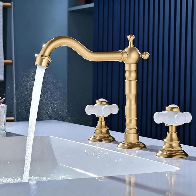 Restroom Vanity Faucet 3 Hole Long Spout Reach 2 Knob Bathroom Faucet Widespread G1/2'' Hot and Cold Water,Brushed Gold