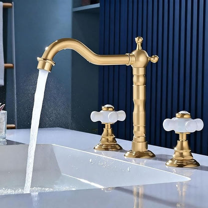 Restroom Vanity Faucet 3 Hole Long Spout Reach 2 Knob Bathroom Faucet Widespread G1/2'' Hot and Cold Water,Brushed Gold