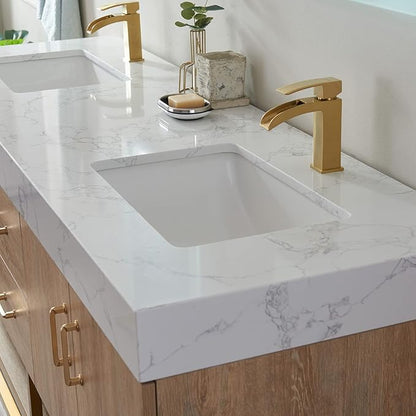 Vinnova Alistair 72" Double Sink Bathroom Vanity in North American Oak, Pre-assembled, with White Grain Stone Countertop Without Mirror