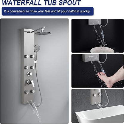 ROVATE Rainfall Shower Panel Tower System with Adjsutable Powerful Body Massage Jets, Flexible Handheld and Waterfall Tub Spout, Stainless Steel High Pressure Shower Column with Brass Valve Body