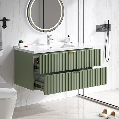 ONBRILL 36 Inch Bathroom Vanity with Sink Combo, Floating Bathroom Vanity with 2 Fluted Drawers & Metal Handle, Modern Wall Mount Storage Cabinet with Ceramic Integrated Sink for Small Space (Green)