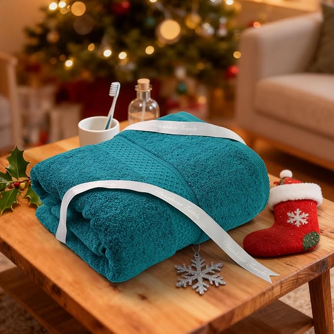 Cleanbear Soft Bath Towels Set of 2, Cotton, 55" x 27" Lavender & Turquoise | Thick & Highly Absorbent Shower Towels for Body Drying, Bathroom, Guest Bathroom, Gym, Pool
