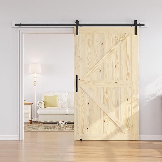 SMARTSTANDARD 48in x 84in Sliding Barn Door with 8ft Barn Door Hardware Kit Included, Unfinished Solid Spruce Wood Door, Assembly Required, DIY, Stainable, Natural | Unfinished Solid Spruce Wood Door, Assembly Required, DIY, Stainable, Natural