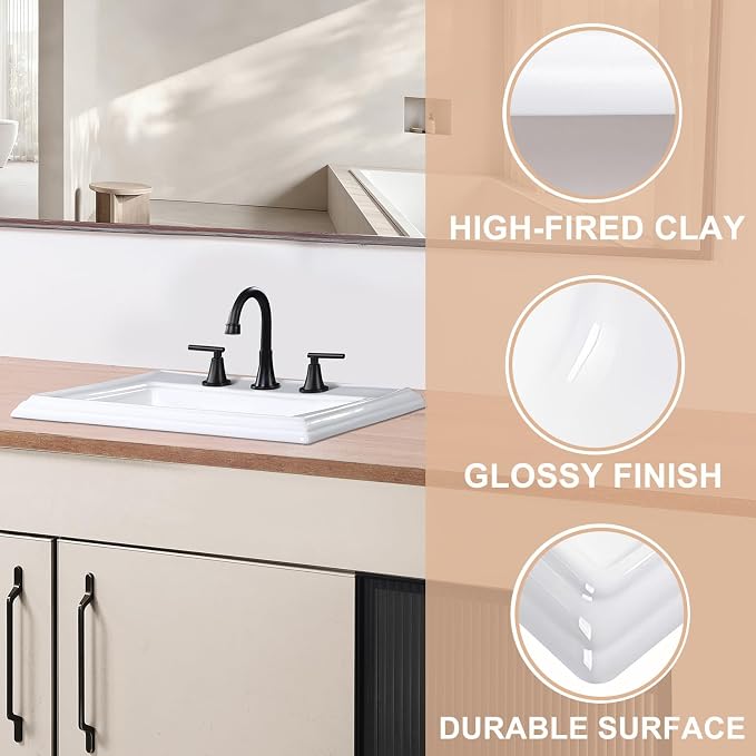 23" Drop-in Bathroom Sink with 8" Widespread 3 Hole Ceramic Basin | 23.2"x18.3”,White Ceramic Rectangle Semi-recessed Vanity Basin, Self-Rimming for Modern Bathroom Remodel and Home Renovation