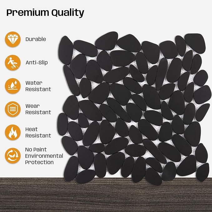 Pebble Tile for Shower Floor, Black Long Oval Pebble Mosaic Backsplash for Kitchen Bathroom Wall and Floor Tile and Outdoor Areas, 5 Sheets