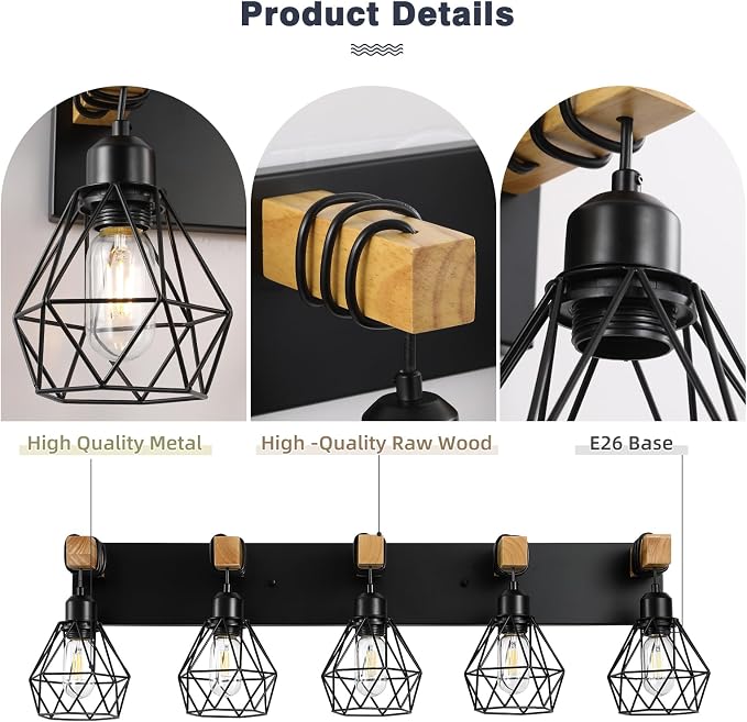 maesta 5 Light Bathroom Vanity Light, Farmhouse Black Fixture Over Mirror | Farmhouse Bathroom Light Fixtures, Wood & Metal, Anti-Rust, Easy to Install for Rustic Bathroom Hallway