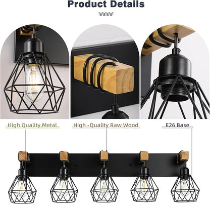 maesta 5 Light Bathroom Vanity Light, Farmhouse Black Fixture Over Mirror | Farmhouse Bathroom Light Fixtures, Wood & Metal, Anti-Rust, Easy to Install for Rustic Bathroom Hallway