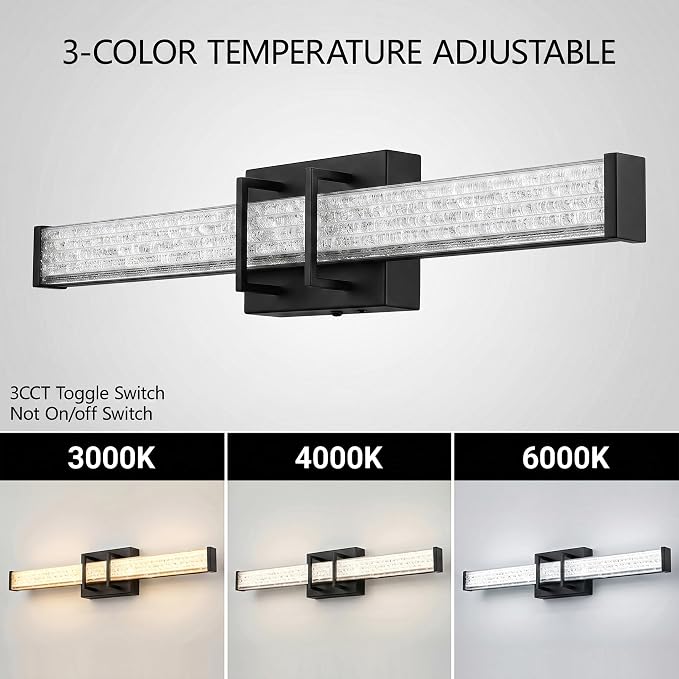 URSOLA 48" Modern LED Bathroom Light Fixtures, Matte Black 3CCT Dimmable Bathroom Vanity Light Over Mirror, Bathroom Vanity Bath Bar Lights with Crystal Acrylic Shade