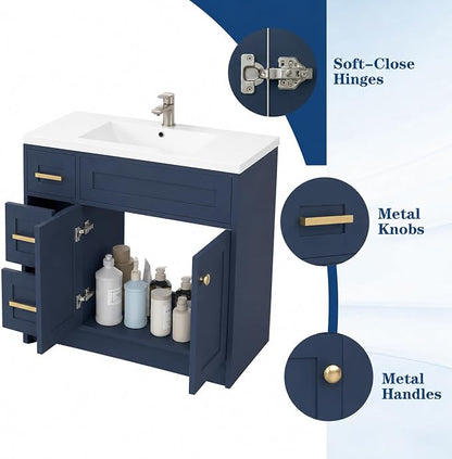 Blue Bathroom Vanity with Sink 36inch | 2 Doors and 3 Drawers | Wood Storage Basin Cabinet with Ceramic Basin for Home and Office
