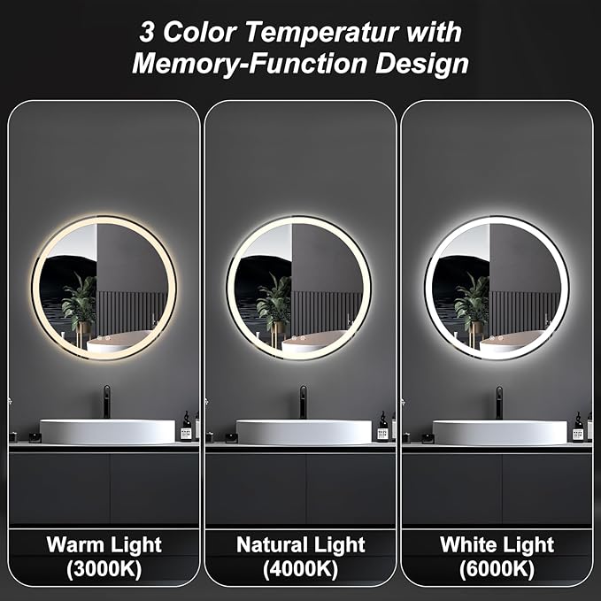 NEWBULIG 28'' Round LED Bathroom Mirror with Lights, Circle Vanity Mirror | Anti-Fog, Dimmable, 3-Color Light, Front Light and Backlit, Memory Function, Tempered Glass