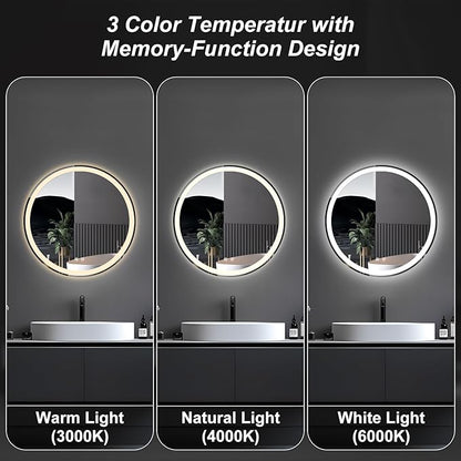 NEWBULIG 28'' Round LED Bathroom Mirror with Lights, Circle Vanity Mirror | Anti-Fog, Dimmable, 3-Color Light, Front Light and Backlit, Memory Function, Tempered Glass