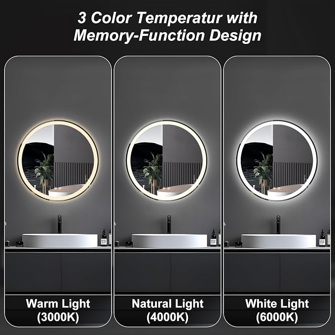 DUMOS 28 Inch Round LED Bathroom Mirror with Lights, Circle Vanity Mirror | Anti-Fog, Dimmable, 3-Color Light, Front Light and Backlit, Memory Function, Tempered Glass