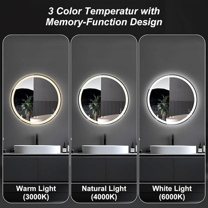 DUMOS 28 Inch Round LED Bathroom Mirror with Lights, Circle Vanity Mirror | Anti-Fog, Dimmable, 3-Color Light, Front Light and Backlit, Memory Function, Tempered Glass