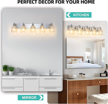 5 Light Bathroom Light Fixtures Modern Chrome Vanity Lights for Bathroom Lighting Fixtures Over Mirror with Thickened Glass Shade for Cabinet Mirror Bedroom Hallway