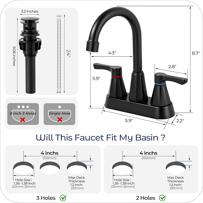 Black Bathroom Faucet 3 Hole, 4 Inch 2-Handle Centerset Bathroom Sink Faucet, Faucet for Bathroom Sink 360° Swivel Bathroom Faucets RV Lavatory Vanity Faucet with Pop-up Drain