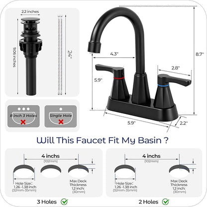 Black Bathroom Faucet 3 Hole, 4 Inch 2-Handle Centerset Bathroom Sink Faucet, Faucet for Bathroom Sink 360° Swivel Bathroom Faucets RV Lavatory Vanity Faucet with Pop-up Drain