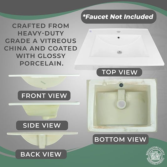 Renovators Supply Manufacturing Luke 24" Drop-in Self-Rimming Rectangular Bathroom Sink In White With Overflow Pack of 1