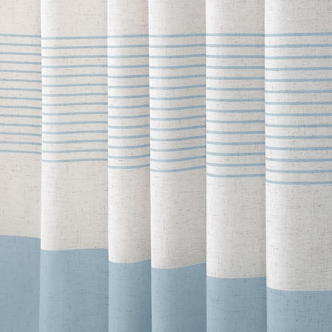 Aqua Blue Coastal Ocean Linen Striped Shower Curtain with Tassel 72W X 72L | Boho Farmhouse Shower Curtains with Linen Texture for Bathroom Decor