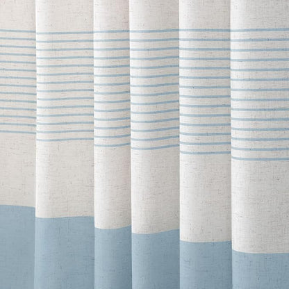 Aqua Blue Coastal Ocean Linen Striped Shower Curtain with Tassel 72W X 72L | Boho Farmhouse Shower Curtains with Linen Texture for Bathroom Decor