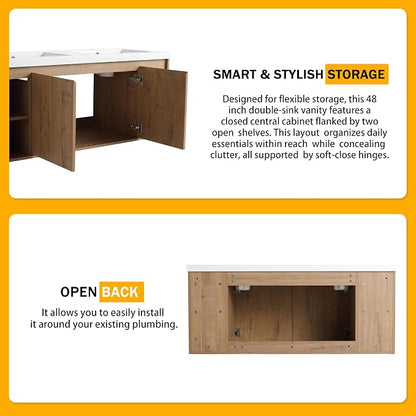 48" Wall Mounted Bathroom Vanity with Double Sink, Imitative Oak | 48 Inch Modern Floating Cabinet with Center Open Shelf & Soft-Close Doors, 2 Resin Basins