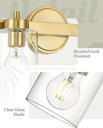 Ken & Ricky 3 Light Brushed Gold Bathroom Vanity Lights Fixtures | Over Mirror,Modern Wall Sconce,E26，Clear Glass Shades For Living Room Bedroom Entryway