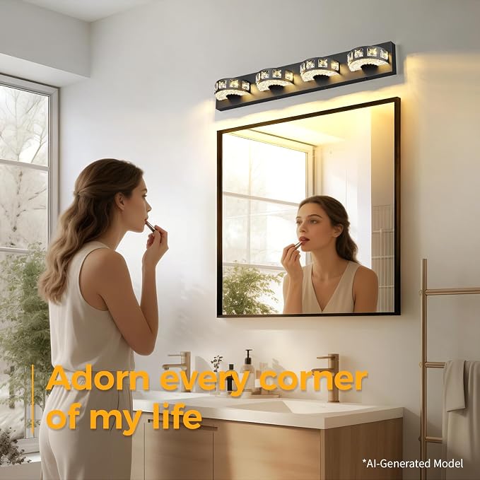 Modern Bathroom Vanity Lights 29.1 inch 32W 5 Color Temperature Black Vanity Light (4-Light,Dimmable) Crystal Bathroom Light Fixtures for Mirror, Living Room, Kitchen, Hallway, Cabinet