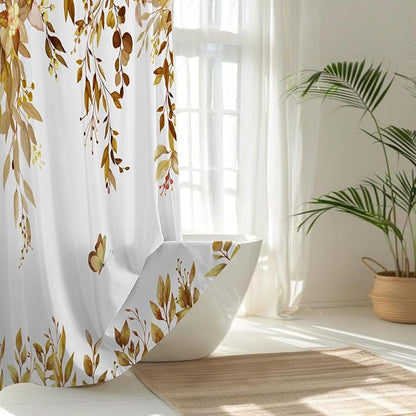 No Hook Shower Curtain and Liner Set, Yellow Eucalyptus 71x74 | Floral Design, with Snap in Liner, Waterproof, Machine Washable, Quick-Drying, for Hotel Bathroom