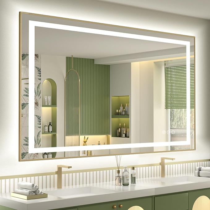 OKPAL Gold LED Bathroom Mirror with Lights, 55x36 Front & Back Light Vanity Framed Mirror, Anti-Fog, Dimmable, 3 Colors, Shatterproof, ETL Listed, Horizontal/Vertical