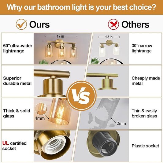 3-Light Bathroom Light Fixtures, Brushed Gold Vanity Light, Farmhouse Wall Lights with Amber Glass Shades, Bathroom Wall Lamp for Mirror Kitchen Bedroom Hallway Living Room