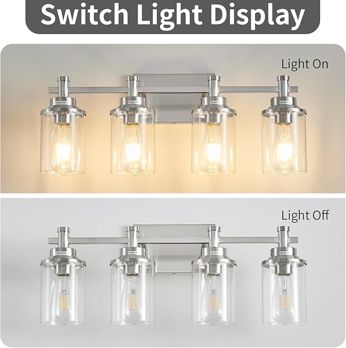 Brushed Nickel Bathroom Lighting Fixtures Over Mirror, 4-Light Bathroom Vanity Light Fixtures, Wall Sconce Lighting Modern Wall Light with Clear Glass Shade, Bathroom Wall Lamp for Hallway