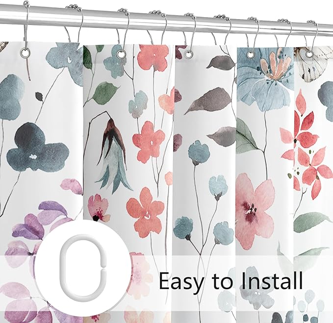 Colorful Floral Shower Curtain 60x72, Watercolor Flower Fabric Shower Curtain for Bathroom, Cute Wildflower Butterfly Cloth Shower Curtain Set with Hooks