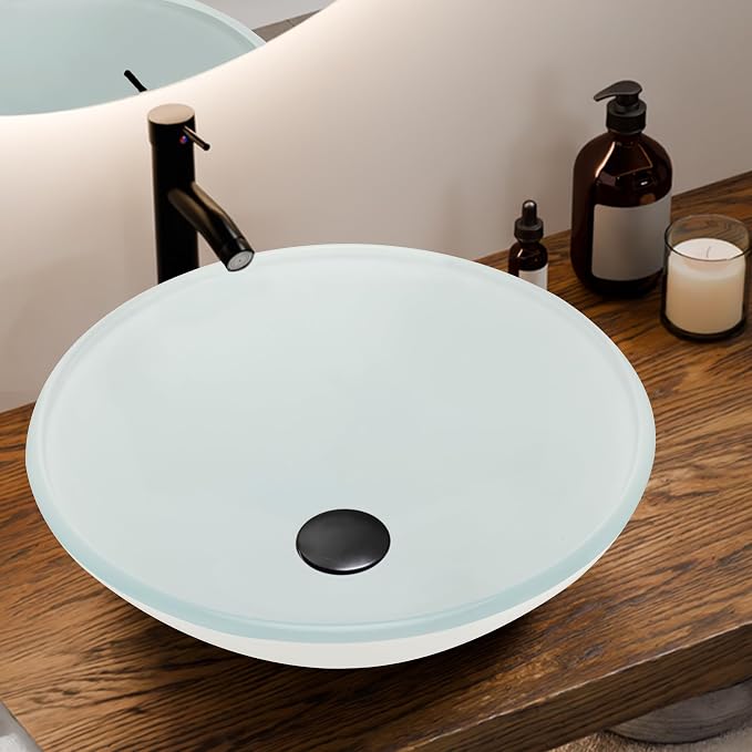 16.5" White Glass Vessel Sink with Faucet and Drain – Modern Round Countertop Bathroom Sink Bowl, Transparent Above Counter Vanity Basin for Small Spaces