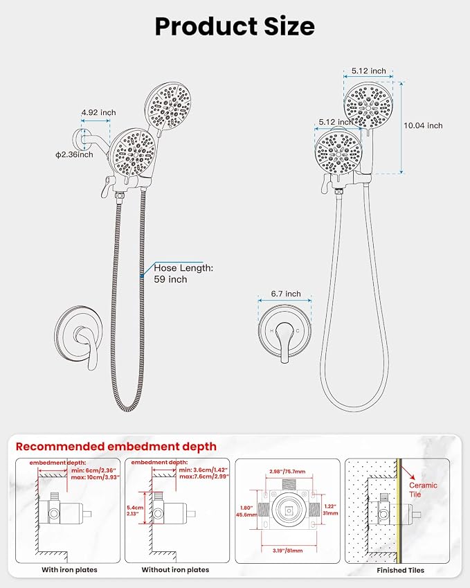 gotonovo Dual Shower Head with Valve 6 Mode Handheld Spray Polished Chrome | 6 Mode ABS Rain Head with Handheld Spray,2 in 1 Bathroom Trim Kit,Shower Head and Handle Set,Brass Rough-in Valve,Wall Mount