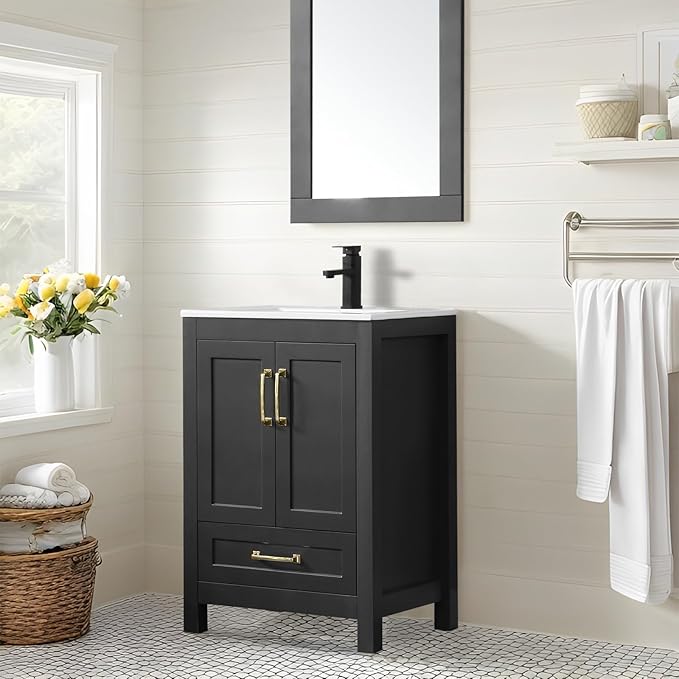 eclife 24" Bathroom Vanities with Sink Combo, Modern Thickened Wood Bathroom Storage Cabinet w/Undermount Sink, Matte Black Faucet Drain, Painted Surface, Black
