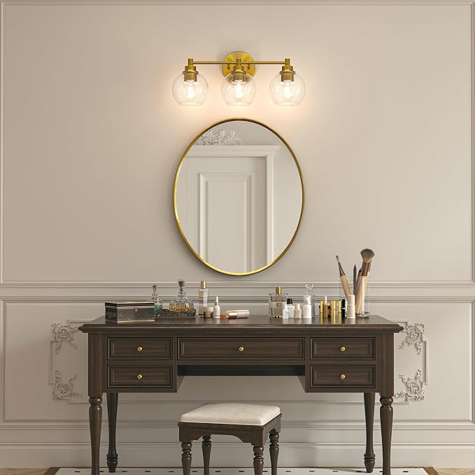 VONLUCE 3 Light Bathroom Vanity Light Fixtures, Gold Finish | Globe Glass Shades, E26 Sockets, Easy to install, Vanity Lights for Bedroom Hallway Living Room