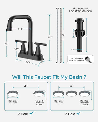 FORIOUS RV Bathroom Sink Faucet 2 or 3 Hole Matte Black, 4 Inch Cenerset Bathroom Faucet with Pop-up Drain for Vanity Restroom and Supply Lines, 2-Handle Design