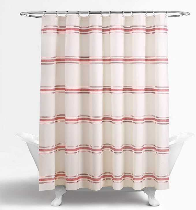 Lush Decor Farmhouse Stripe Cotton Shower Curtain, 72" W x 72" L, Red - Striped Bathroom Curtain - Fabric Shower Curtains - Farmhouse Bathroom Decor