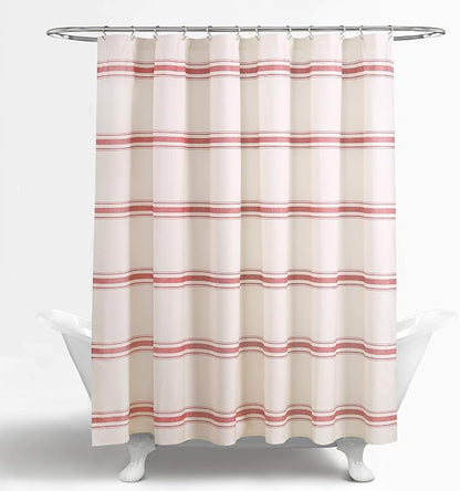 Lush Decor Farmhouse Stripe Cotton Shower Curtain, 72" W x 72" L, Red - Striped Bathroom Curtain - Fabric Shower Curtains - Farmhouse Bathroom Decor