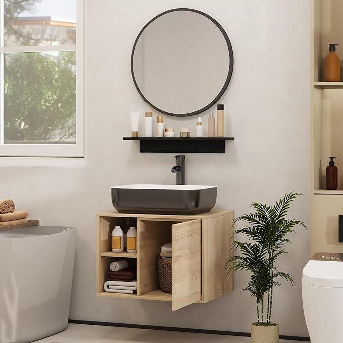 YOURLITE 24" Floating Bathroom Vanity with Sink, Wall-Mounted Bathroom Vanity and Sink Combo with Mirror and Faucet & Pop Up Drain Set, Black and White Ceremic Sink