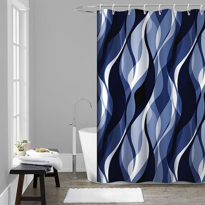 Navy Blue Shower Curtain, Modern Abstract Black and Blue Striped Shower Curtain Set for Bathroom Waterproof Shower Curtain with Hooks, 54x72 Inch