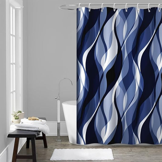Navy Blue Shower Curtain, Modern Abstract Black and Blue Striped Shower Curtain Set for Bathroom Waterproof Shower Curtain with Hooks, 54x72 Inch