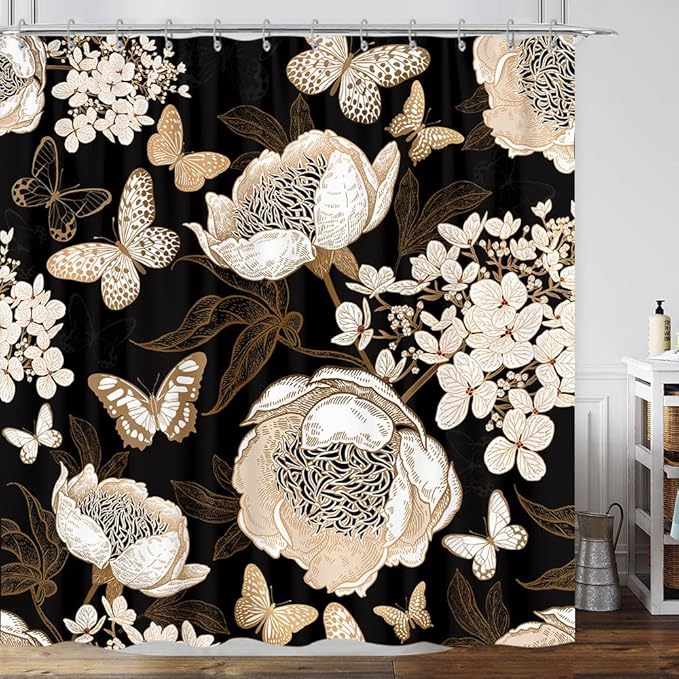 Black and Gold Floral Butterfly Shower Curtain, Boho Dark Flowers Botanical Aesthetic Shower Curtain for Bathroom with Hook, Vintage Moth Farmhouse Unique Chic Shower Curtain Set with Hooks 72X72
