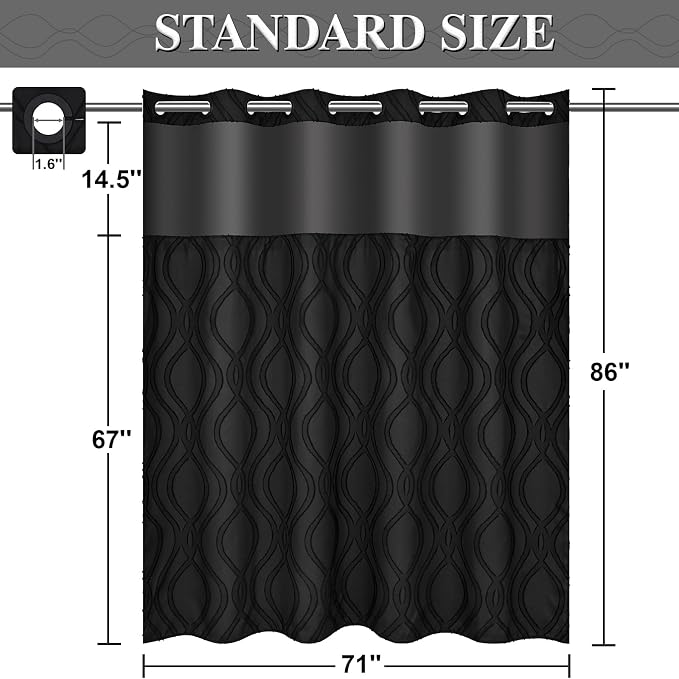 Yinhua No Hook Shower Curtain with Snap in Liner Set, 71" W×86" L, Black | Hotel Style, See Through Top Window, Washable Waterproof, Tufted, Extra Long Hookless Curtain for Bathroom Bathtub