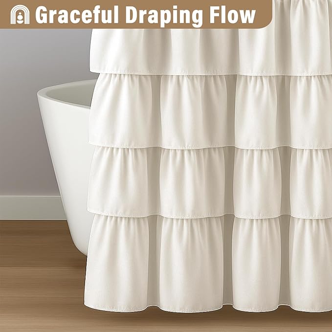 Seasonwood Small Ruffle Shower Curtain Cream Farmhouse Vintage Handcrafted Rustic Decorative Fabric Shower Curtains for Bathroom, 36" x 72"
