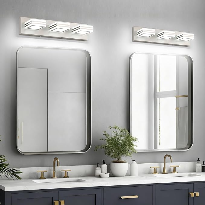 SOLFART LED Bathroom Vanity Light Fixtures： 3 Light Brushed Nickel Modern Acrylic Bathroom Wall Lighting Fixtures Over Mirror 20in 5CCT
