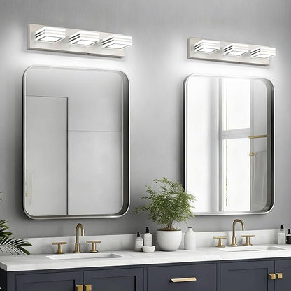 SOLFART LED Bathroom Vanity Light Fixtures： 3 Light Brushed Nickel Modern Acrylic Bathroom Wall Lighting Fixtures Over Mirror 20in 5CCT