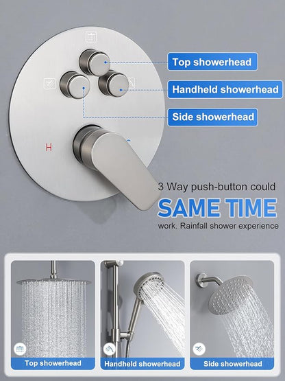 Woindo Shower Faucet Set with Slide Bar, 12" Rain Shower Head/8'' Side Shower Head and 10 Setting Handheld Ceiling Mount 3 Push Button Diverter Complete Rainfall Shower System Included Valve Trim Kit