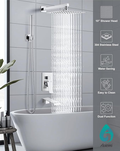 Aolemi Shower System with Tub Spout and Valve Polish Chrome | 10-Inch Square Wall Mounted Rainfall Shower Head and Handheld,3-Function Bathtub Shower Faucet Set