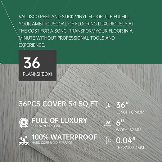 VallisCo Peel and Stick Vinyl Flooring, 36-Pack Covers 54 Sq. Ft, Waterproof Vinyl Flooring Peel and Stick, Durable and Stylish Floor for Kitchens, Bathrooms, and Living Spaces White Washed